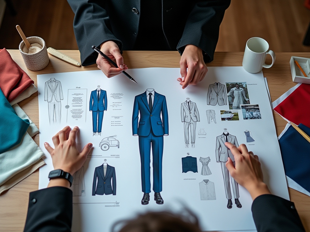 A designer making suit design on a fashion design table.