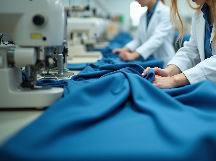 Workers at a fashion manufacturing plant processing blue fabric