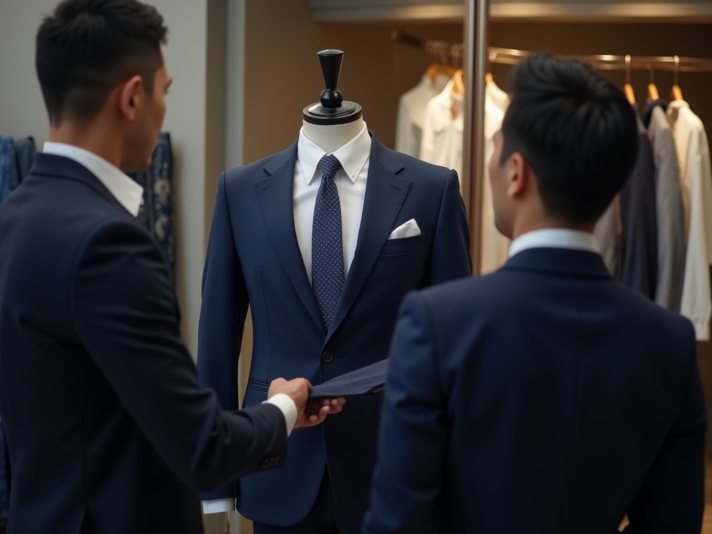 Tailors fine tuning design of a suit on a mannequin.