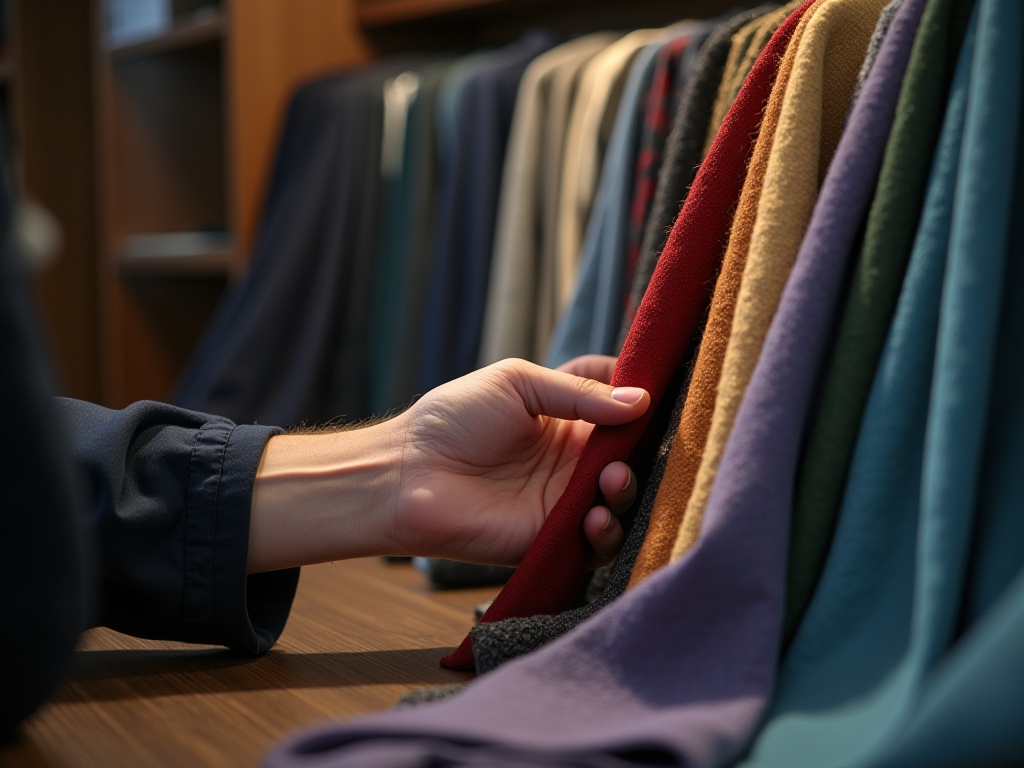 A tailor choosing from a variety of fabrics.