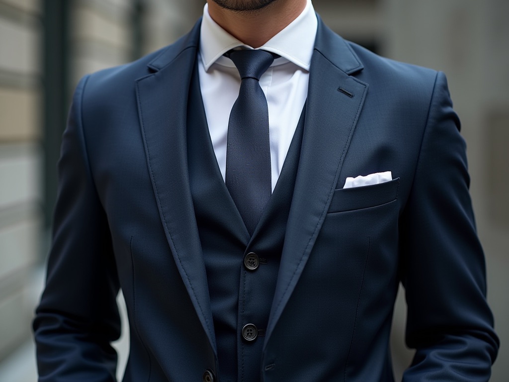A model wearing a black business suit with blue shirt.