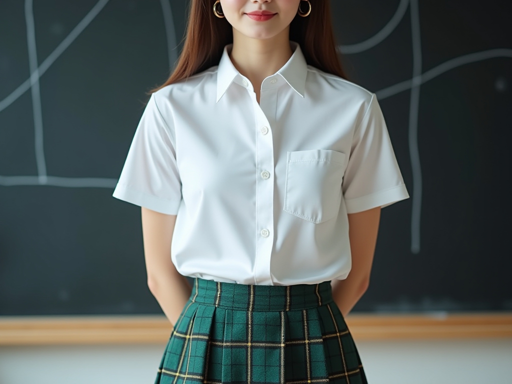 A model wearing a school uniform shirt with green plaid skirt.
