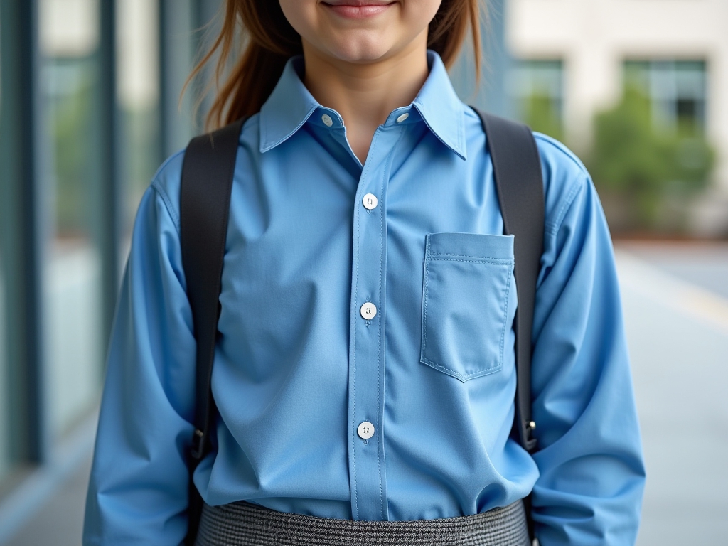 A model wearing a school uniform shirt with gray skirt.