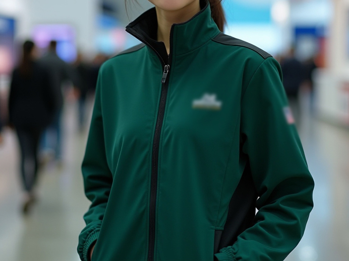 A model wearing a green event jacket with logo.