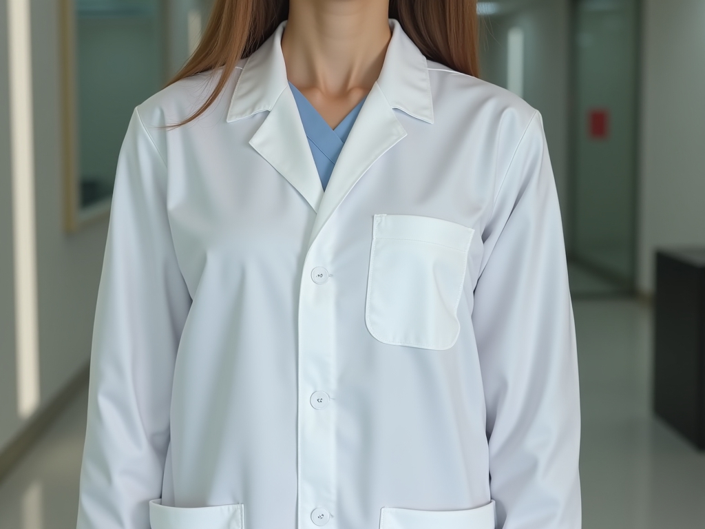 A model wearing a white hospital coat.