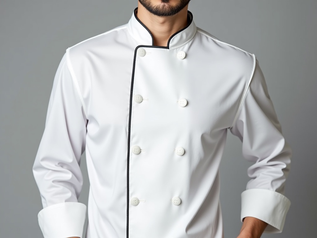 A model wearing a white chef's uniform apron.