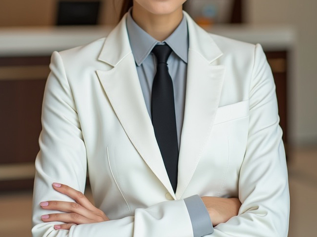 A model wearing ivory suit with gray shirt.
