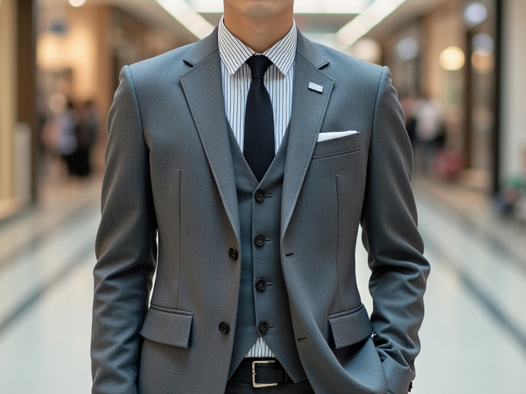 A model wearing a gray business suit.