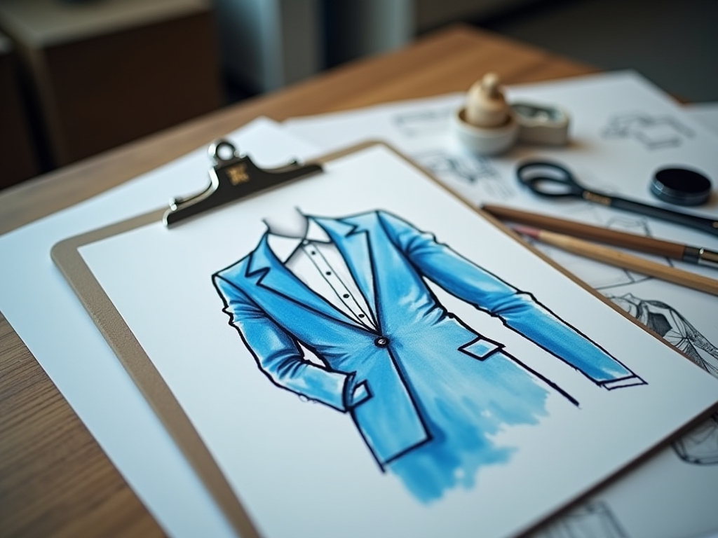 Fashion design document showing sketch of a blue suit.