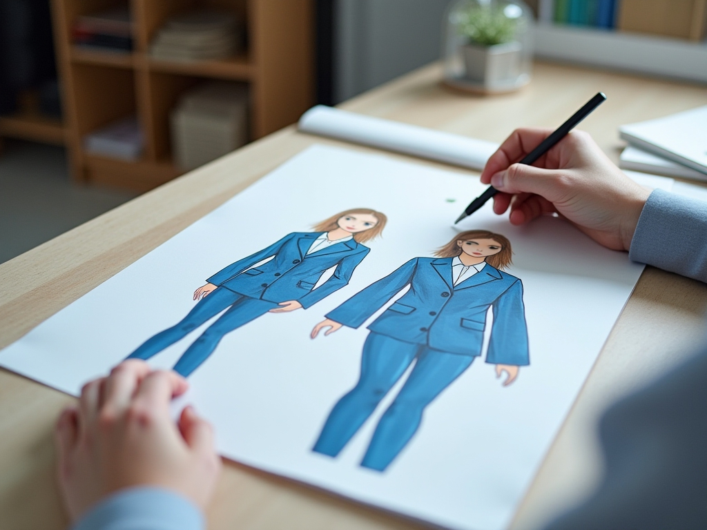 A designer drawing on a fashion design document.