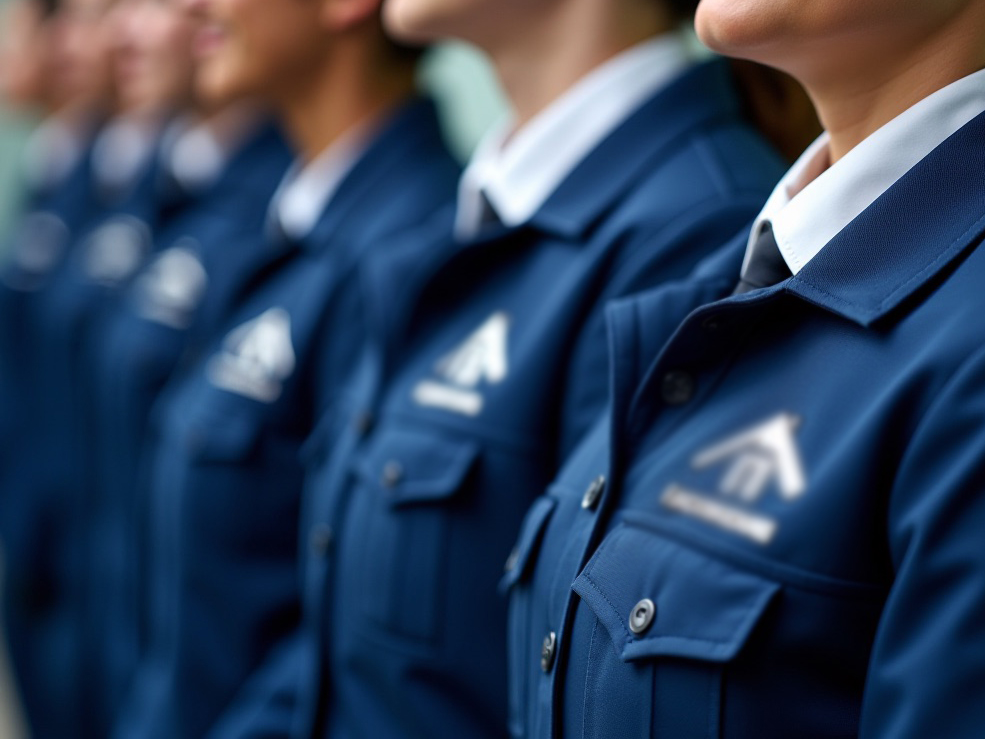 A group of models wearing a blue group uniform with company logos.